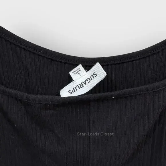 Womens L Black Ribbed Knit Midi Dress Scoop Neck Sleeveless Bodycon Quiet Luxury - Picture 3 of 8